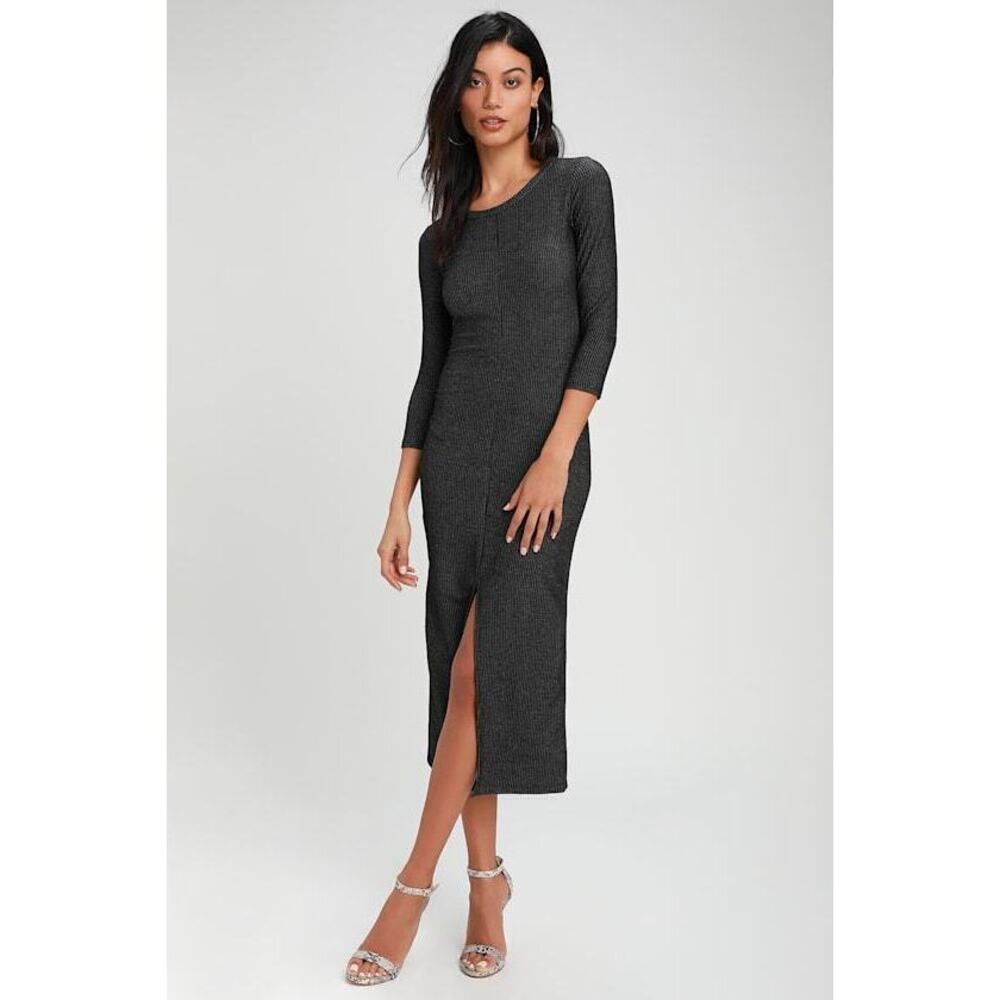 Lulus Keen Washed Charcoal Grey Striped Ribbed Midi Dress - Size M